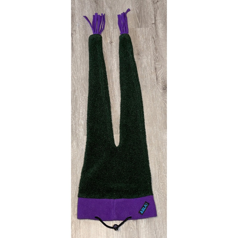 Vintage Bula USA Fleece Jester Hat Green Purple Long Tail Tassel Beanie 90s Ski